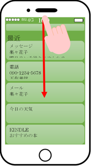 お知らせを表示するため、iPhoneの画面の上端から指でなでおろす説明図