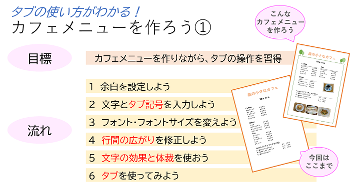 タブの使い方がわかる、カフェメニューを作ろう①の目標と流れ