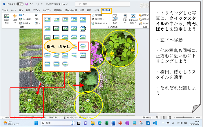 写真にクイックスタイルの「楕円、ぼかし」を適用、他の写真も同様にする