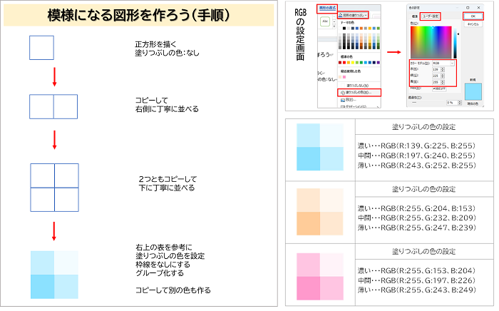 ”模様になる図形を作ろう”の手順と色の設定表