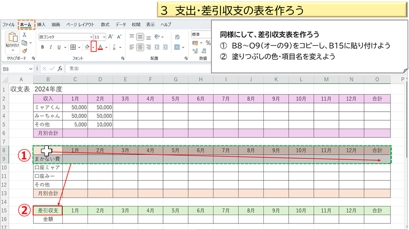 支出・差引収支の表を作ろう④