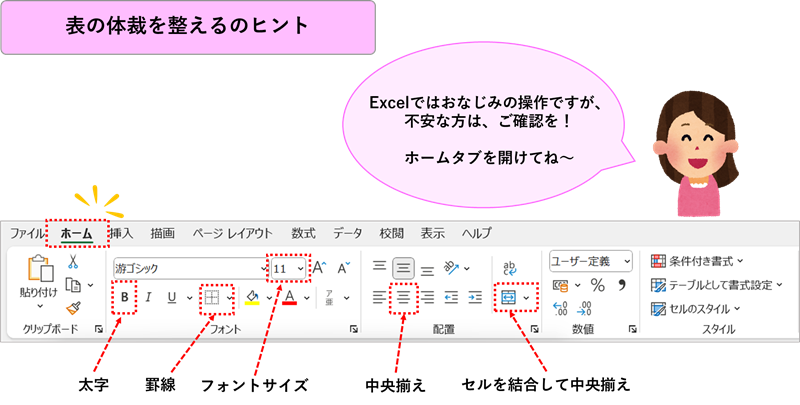 表の体裁を整えるのヒント